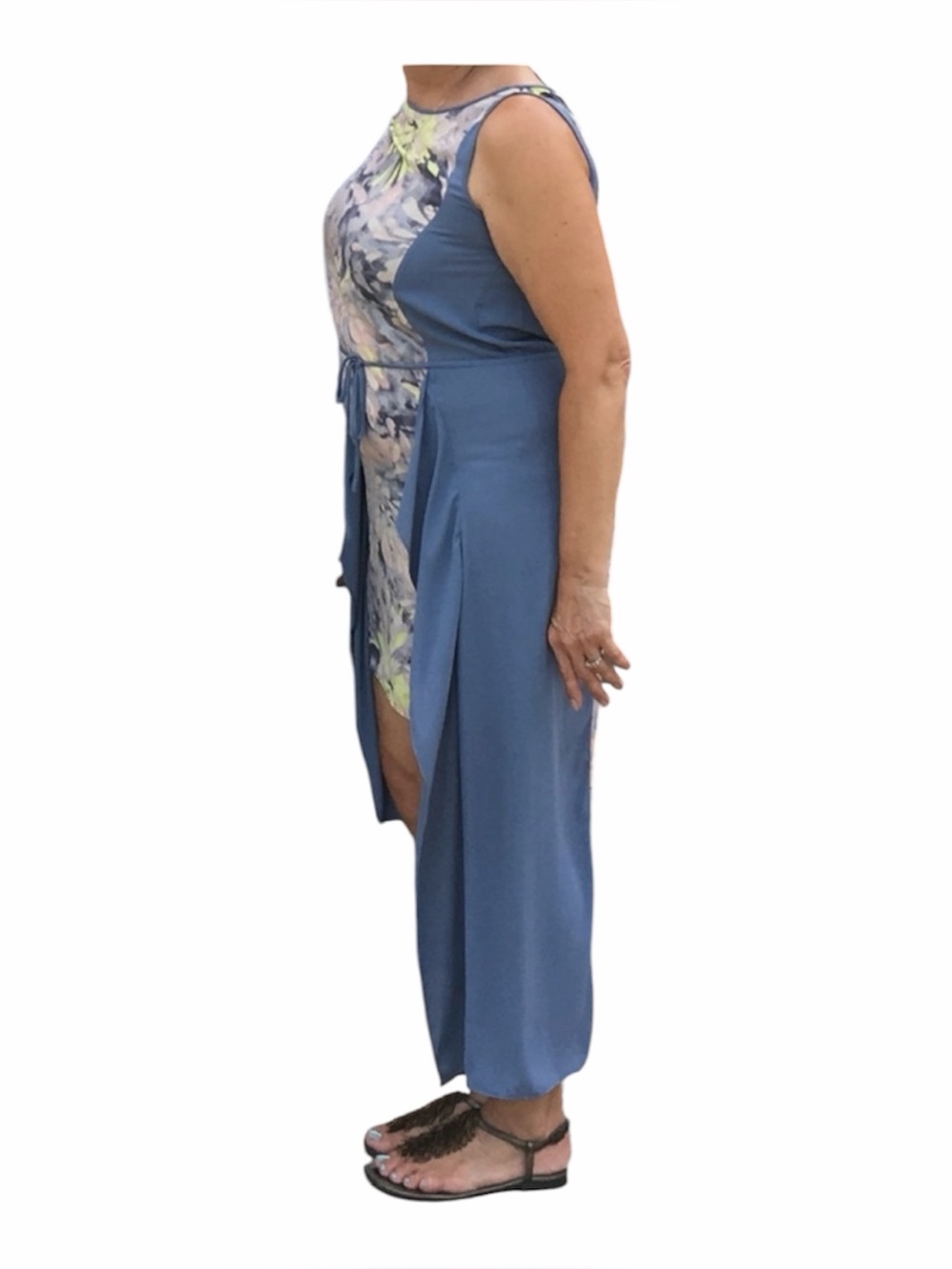 BCBGMAXAZRIA Urika Asymmetrical Sleeveless Dress Gray/Floral Sz Medium